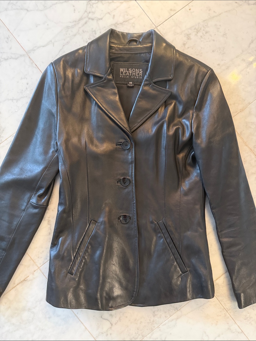 Wilsons Leather Women's Black Leather Button-Front Vintage Blazer Jacket